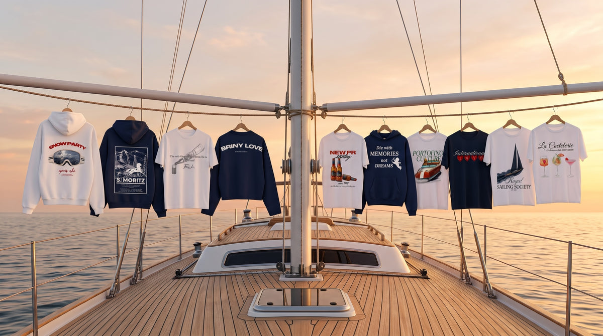 Velero al atardecer con camisetas y sudaderas colgadas del mástil